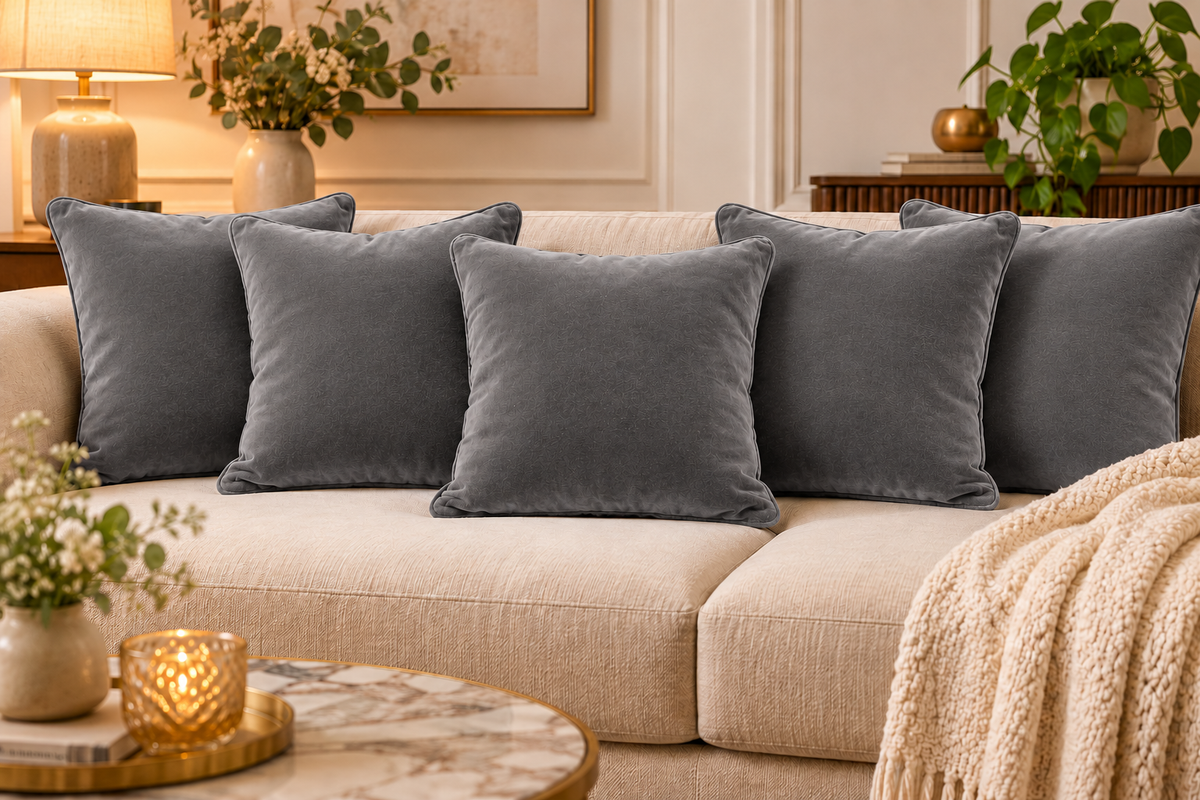 Set of 5 solid grey velvet cushion covers 18x18 inch - main view