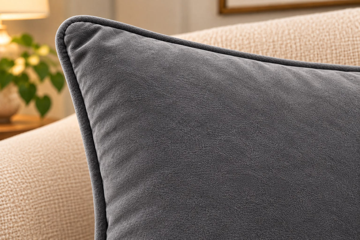 Set of 5 solid grey velvet cushion covers 18x18 inch - close-up