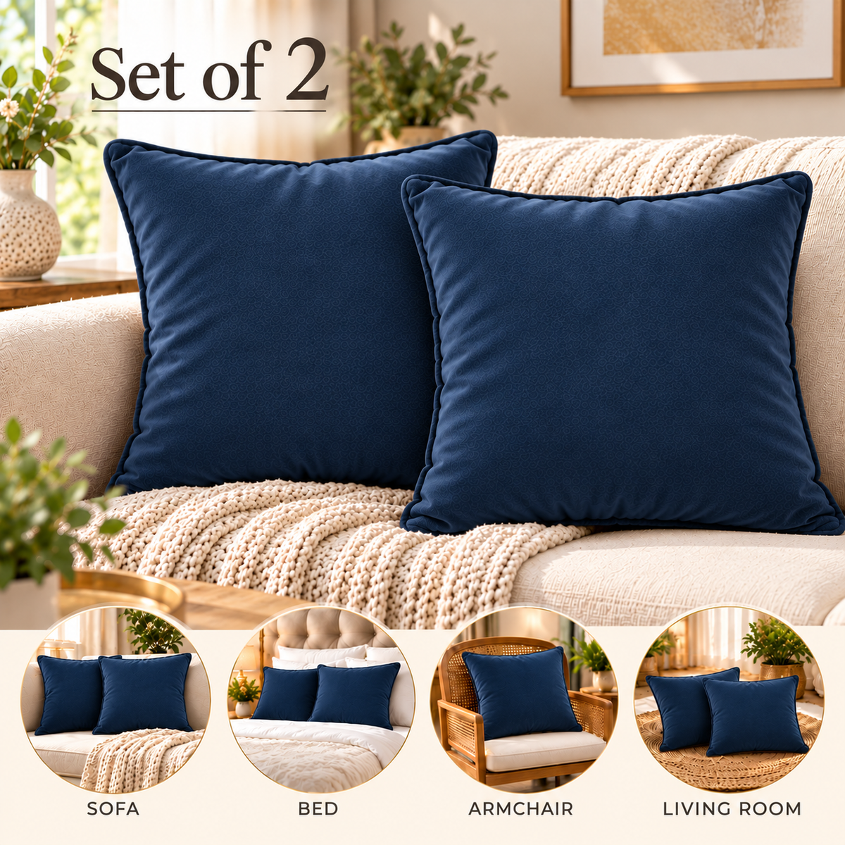 Set of 2 solid navy blue velvet cushion covers 18x18 inch - main view