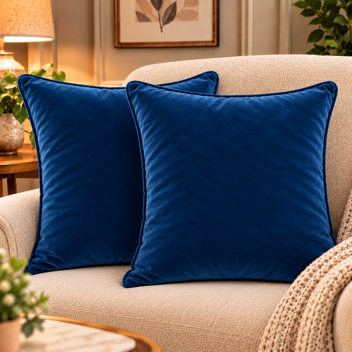 Set of 2 solid navy blue velvet cushion covers 18x18 inch - lifestyle