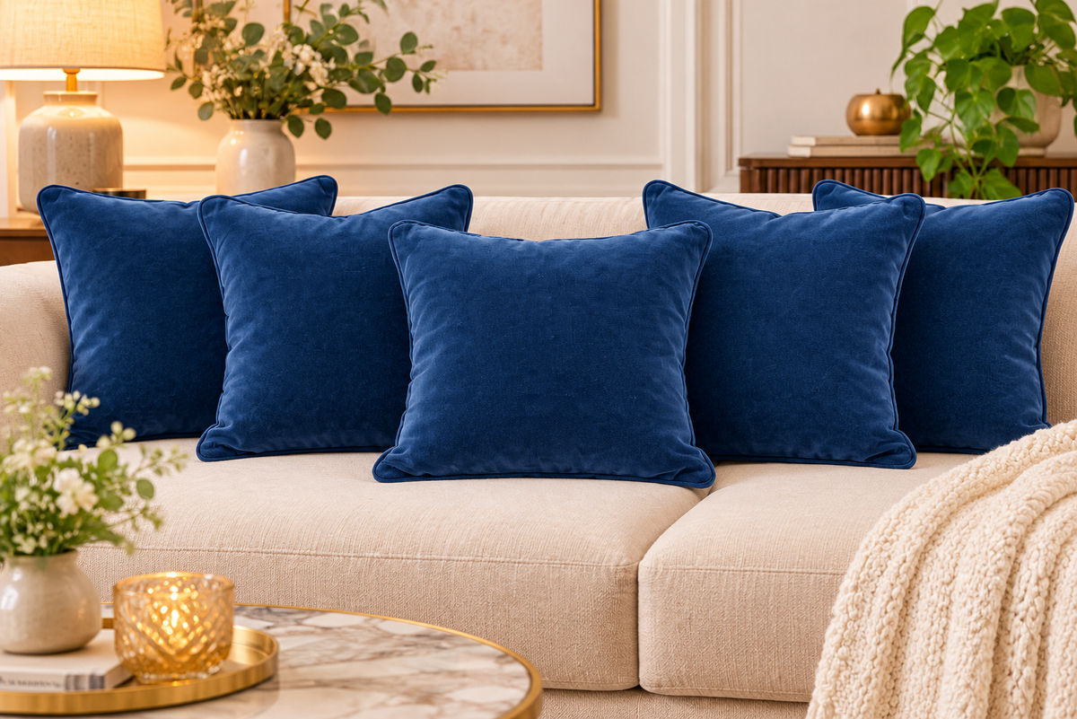 Set of 5 solid navy blue velvet cushion covers 18x18 inch - main view