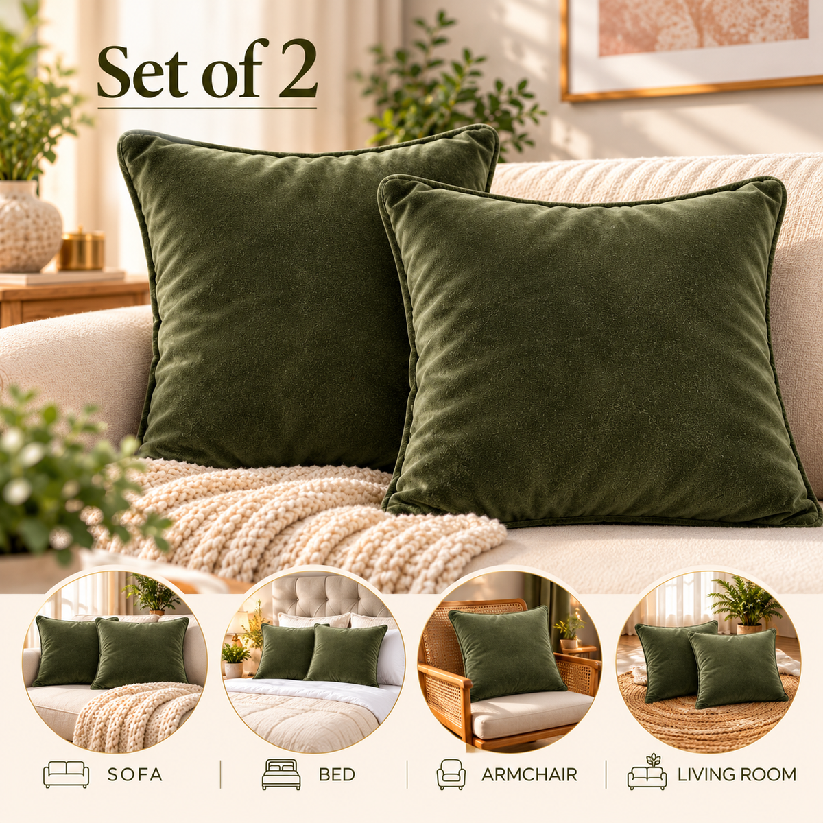 Set of 2 solid olive velvet cushion covers 18x18 inch - main view