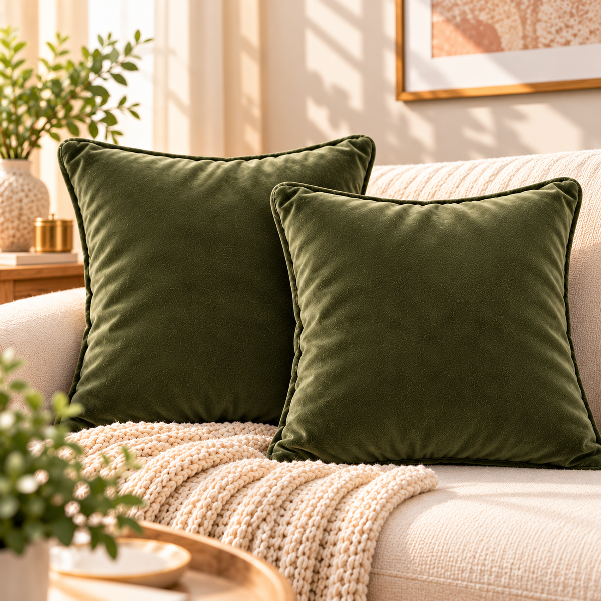 Set of 2 solid olive velvet cushion covers 18x18 inch - lifestyle