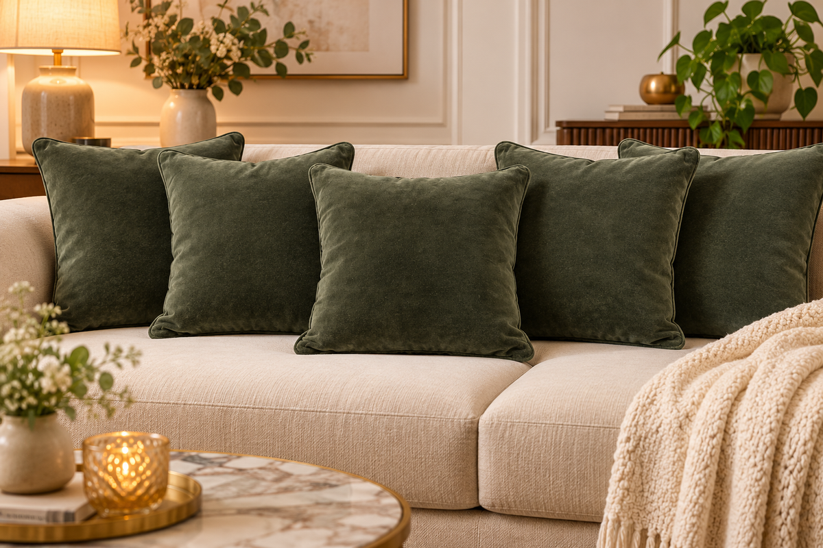 Set of 5 solid olive velvet cushion covers 18x18 inch - main view