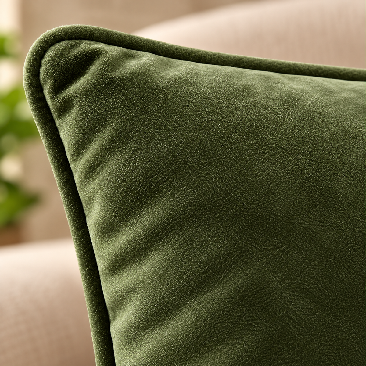 Set of 5 solid olive velvet cushion covers 18x18 inch - close-up