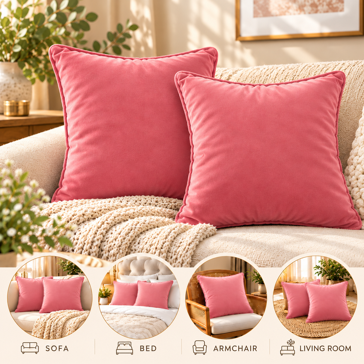 Set of 2 solid pink velvet cushion covers 18x18 inch - main view