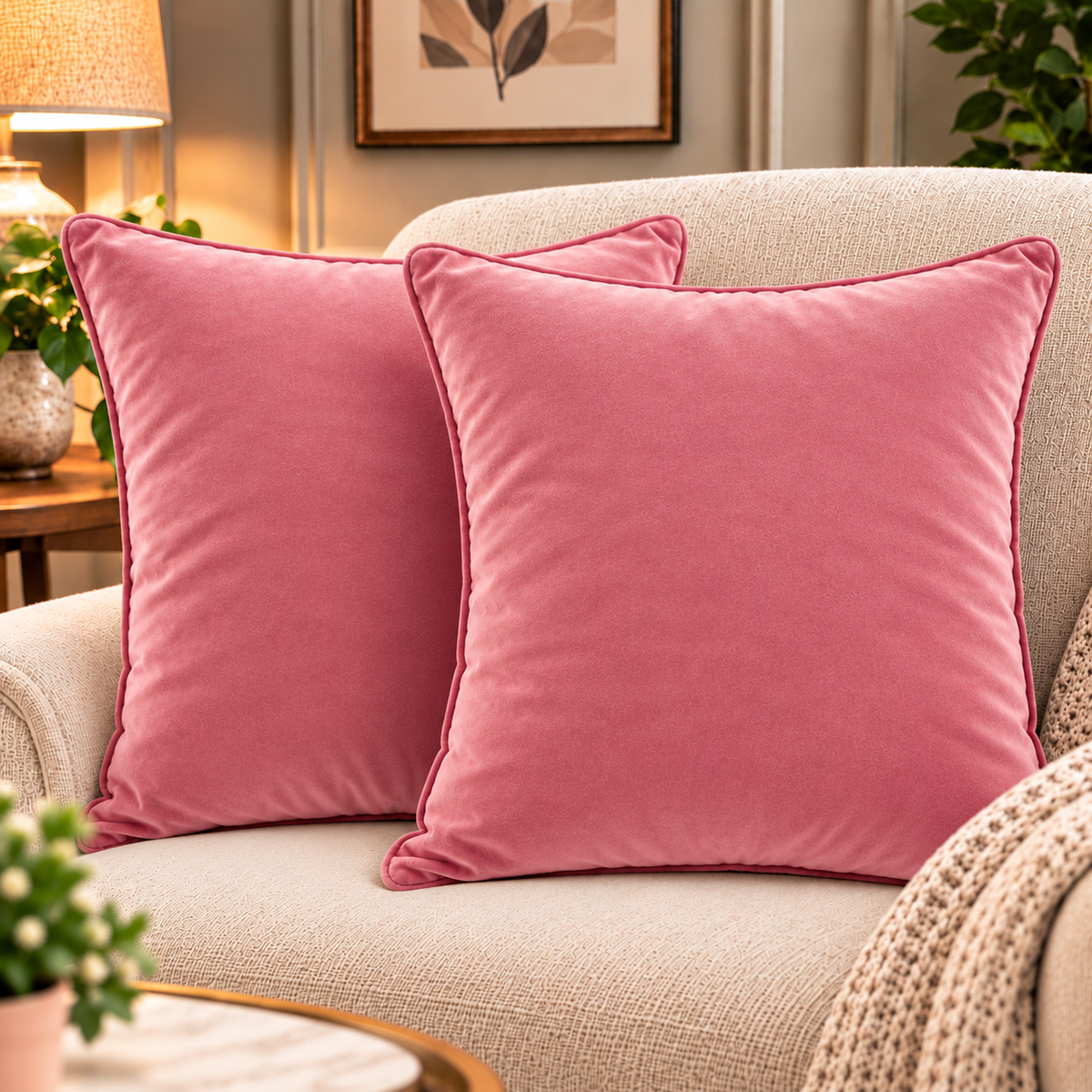 Set of 2 solid pink velvet cushion covers 18x18 inch - lifestyle