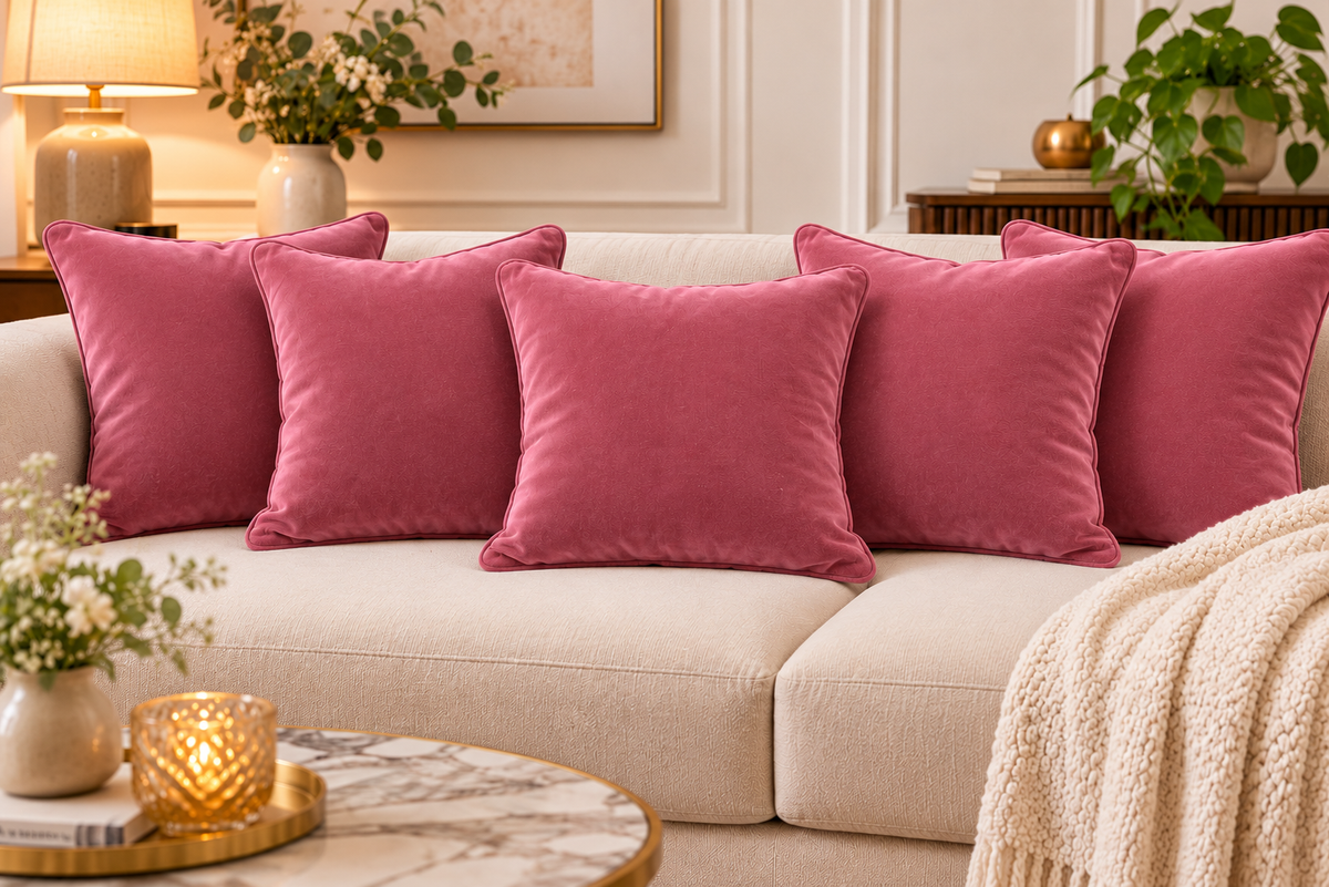 Set of 5 solid pink velvet cushion covers 18x18 inch - main view