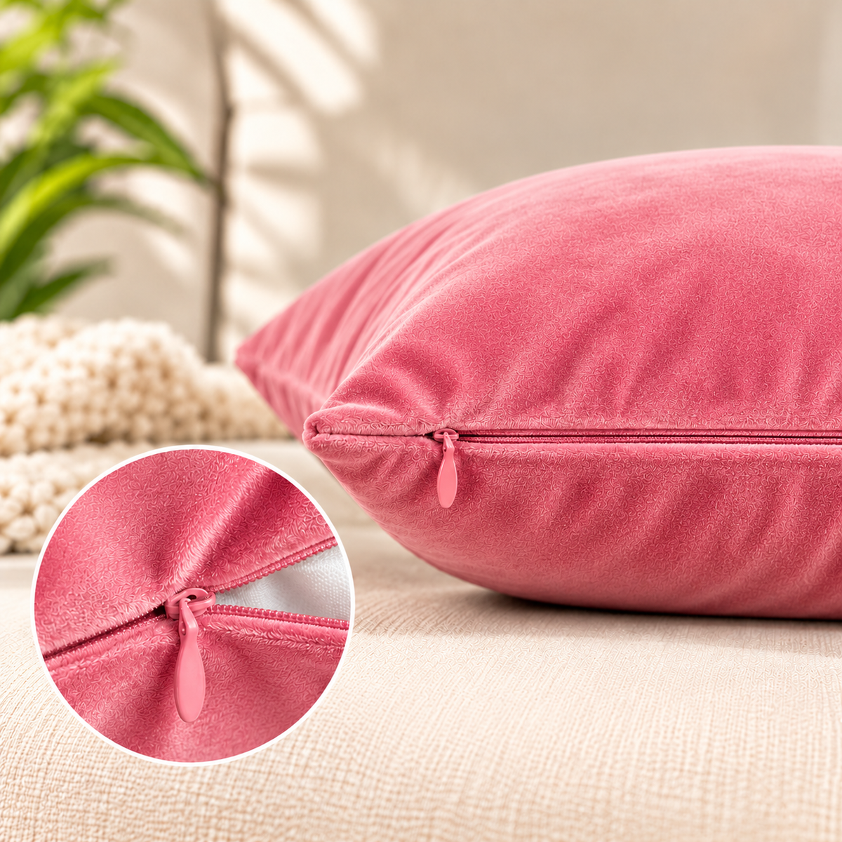 Set of 5 solid pink velvet cushion covers 18x18 inch - hidden zip