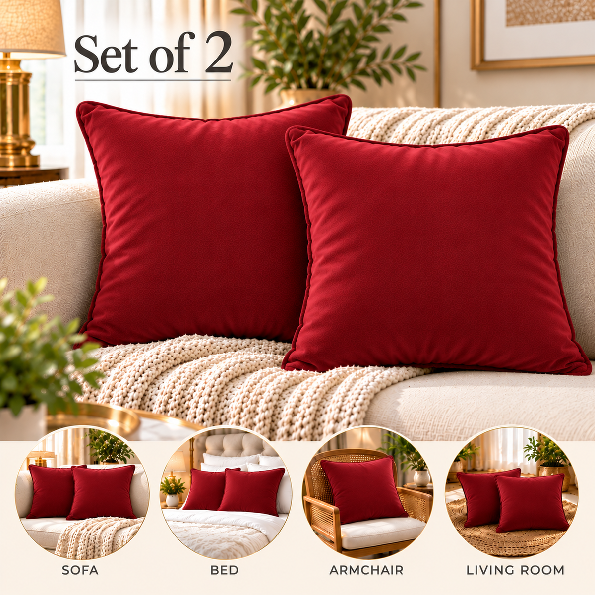 Set of 2 solid red velvet cushion covers 18x18 inch - main view