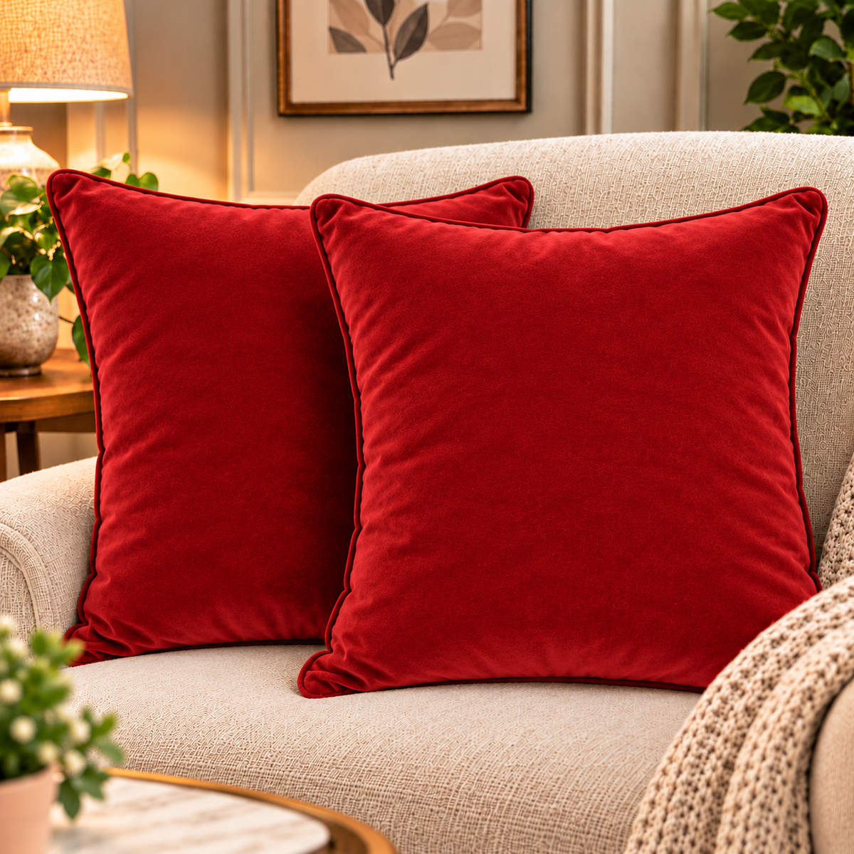 Set of 2 solid red velvet cushion covers 18x18 inch - lifestyle