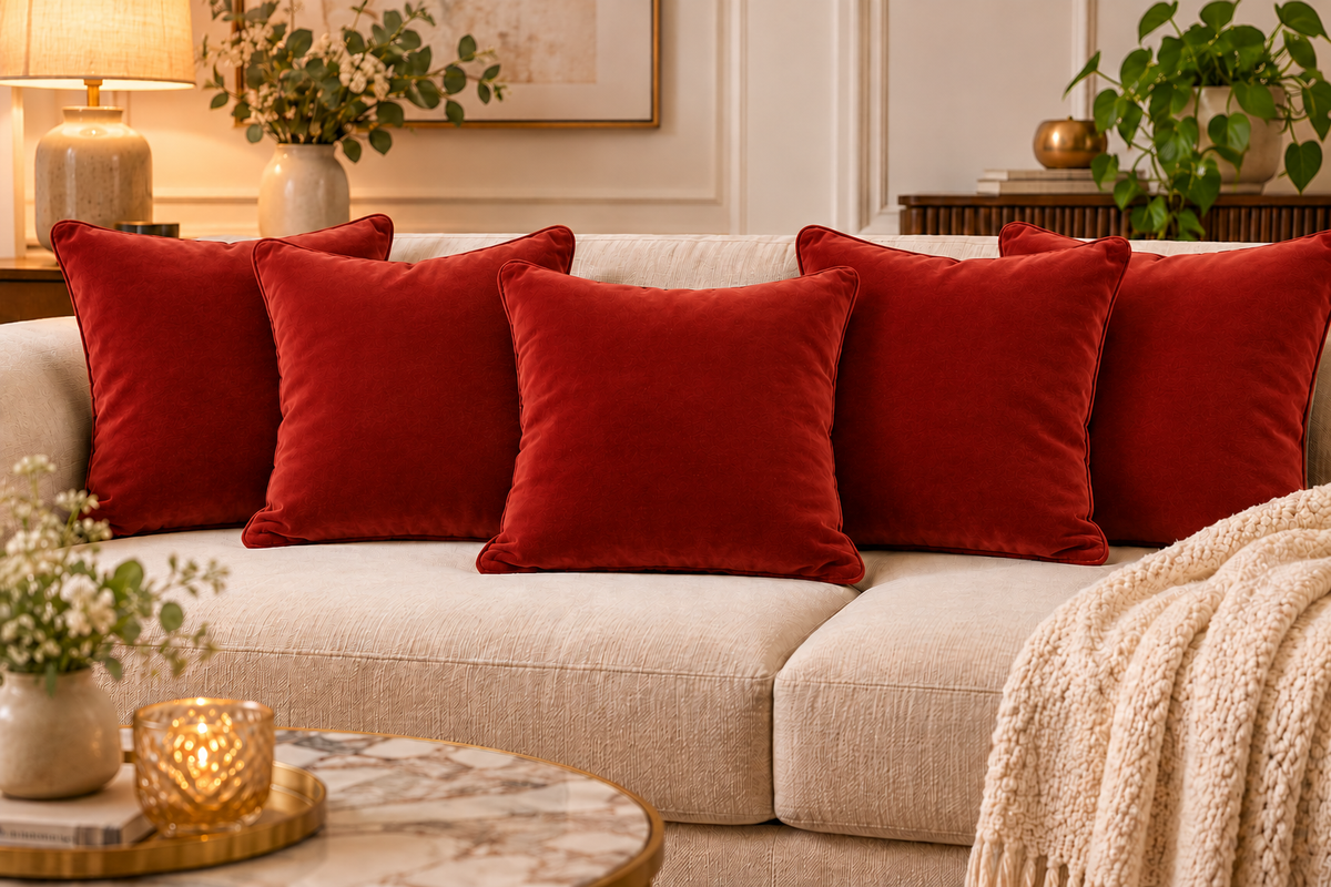 Set of 5 solid red velvet cushion covers 18x18 inch - main view