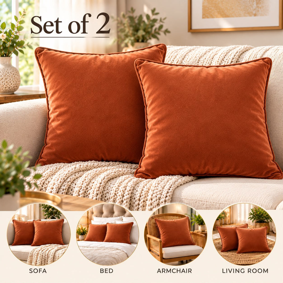 Set of 2 solid rust orange velvet cushion covers 18x18 inch - main view