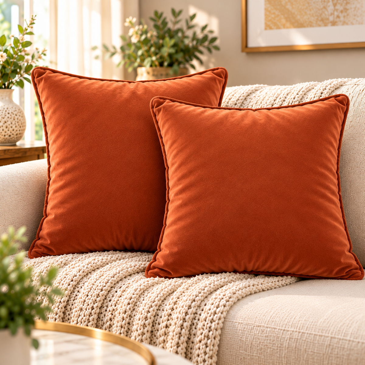 Set of 2 solid rust orange velvet cushion covers 18x18 inch - lifestyle