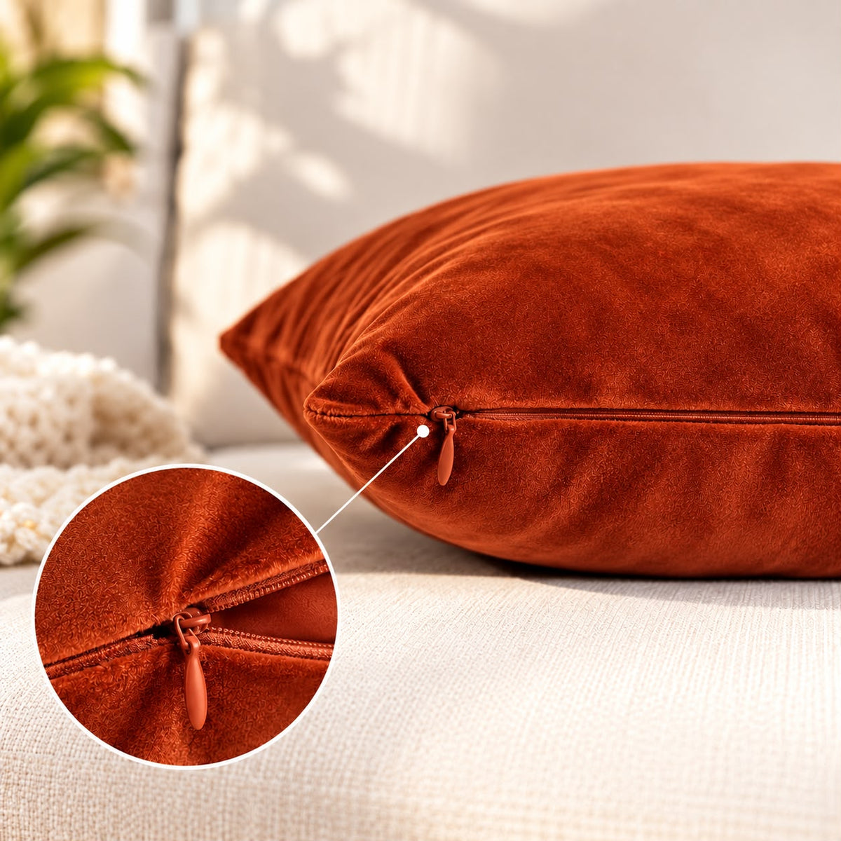 Set of 2 solid rust orange velvet cushion covers 18x18 inch - hidden zip