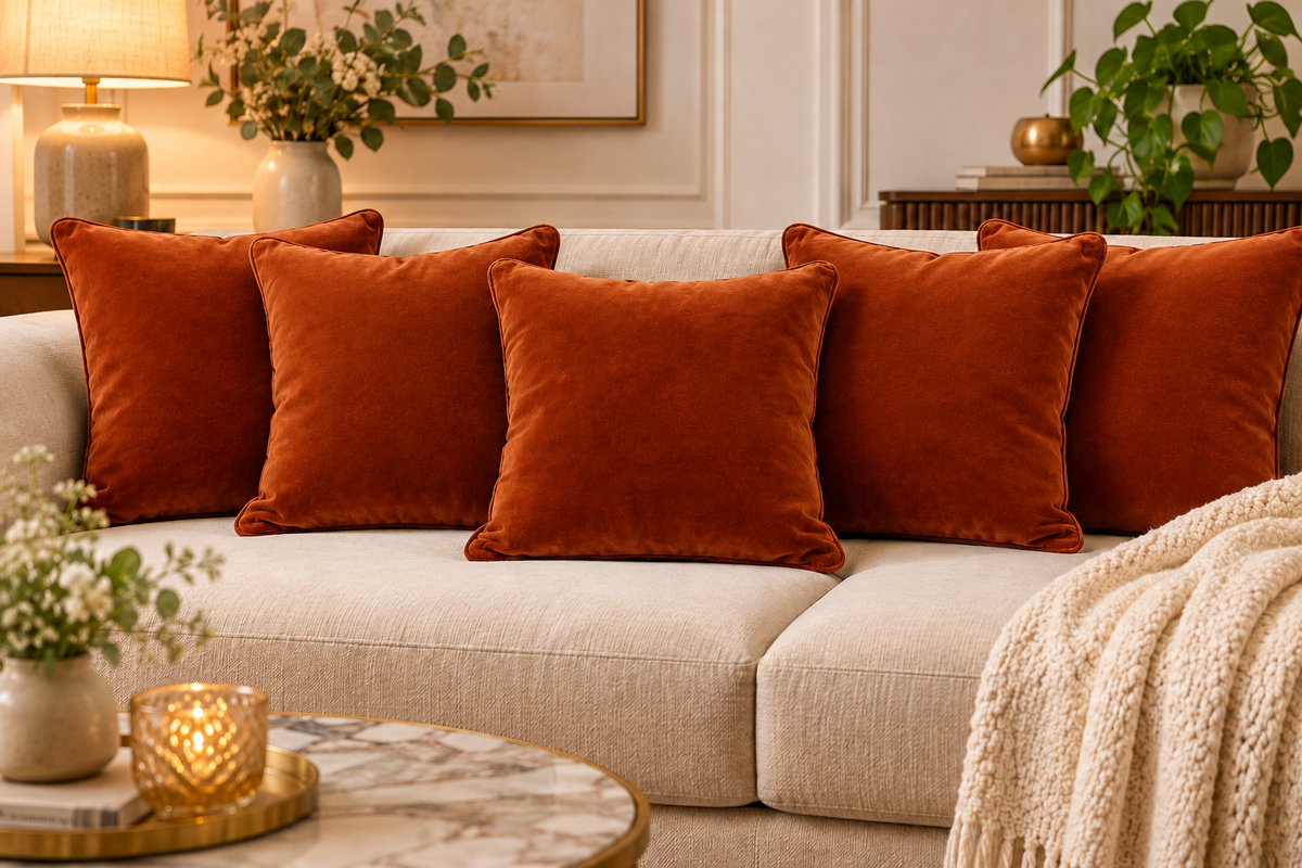 Set of 5 solid rust orange velvet cushion covers 18x18 inch - main view
