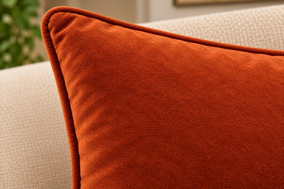 Set of 5 solid rust orange velvet cushion covers 18x18 inch - close-up