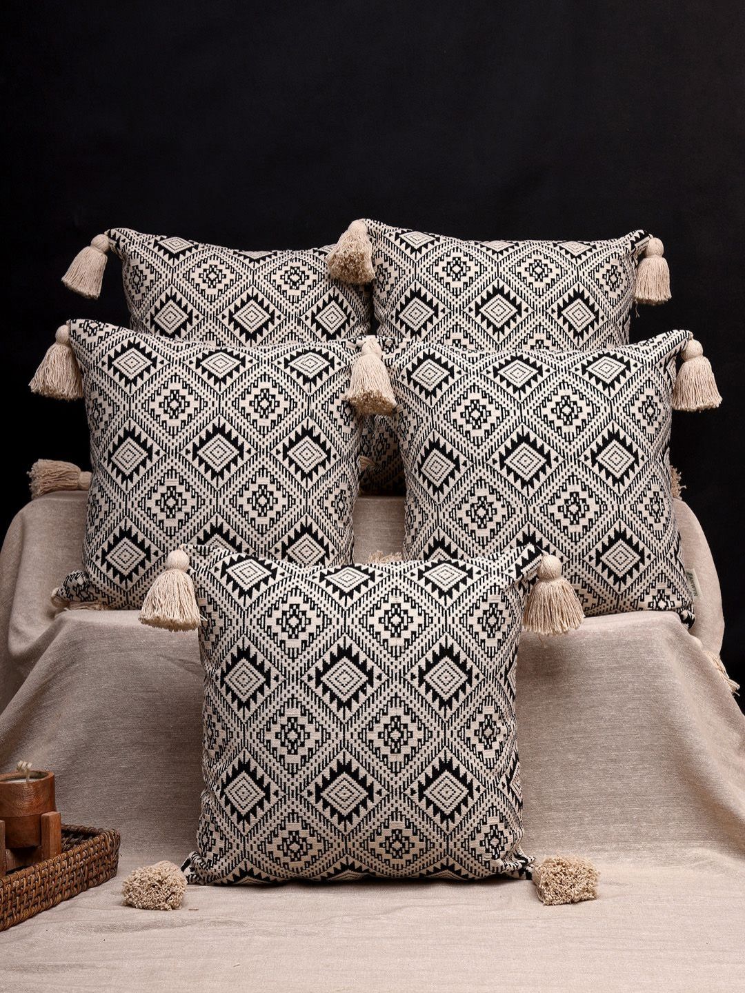 Black & Beige Geometric Printed Jacquard Tasselled Cushion Covers, Set of 5, view 1