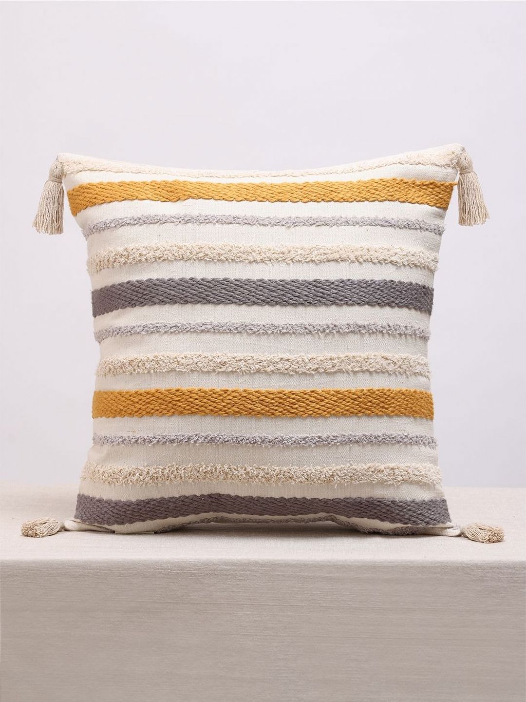 Beige Tassel Embroidered Cotton Cushion Covers, Set of 7, view 2