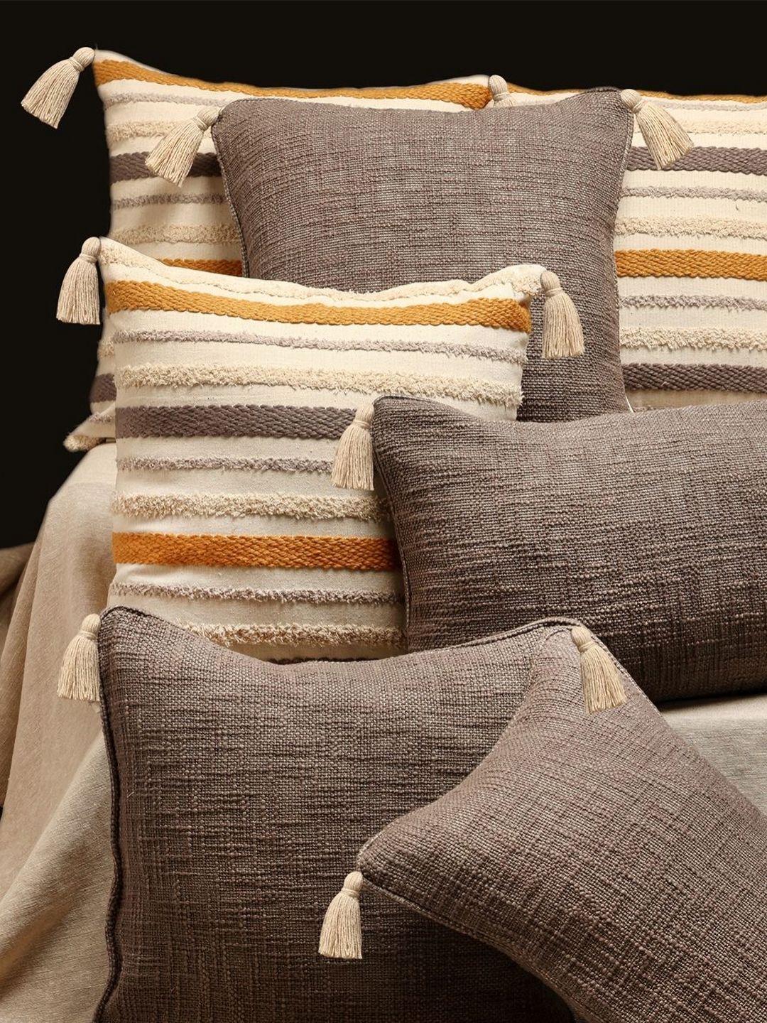 Beige Tassel Embroidered Cotton Cushion Covers, Set of 7, view 5