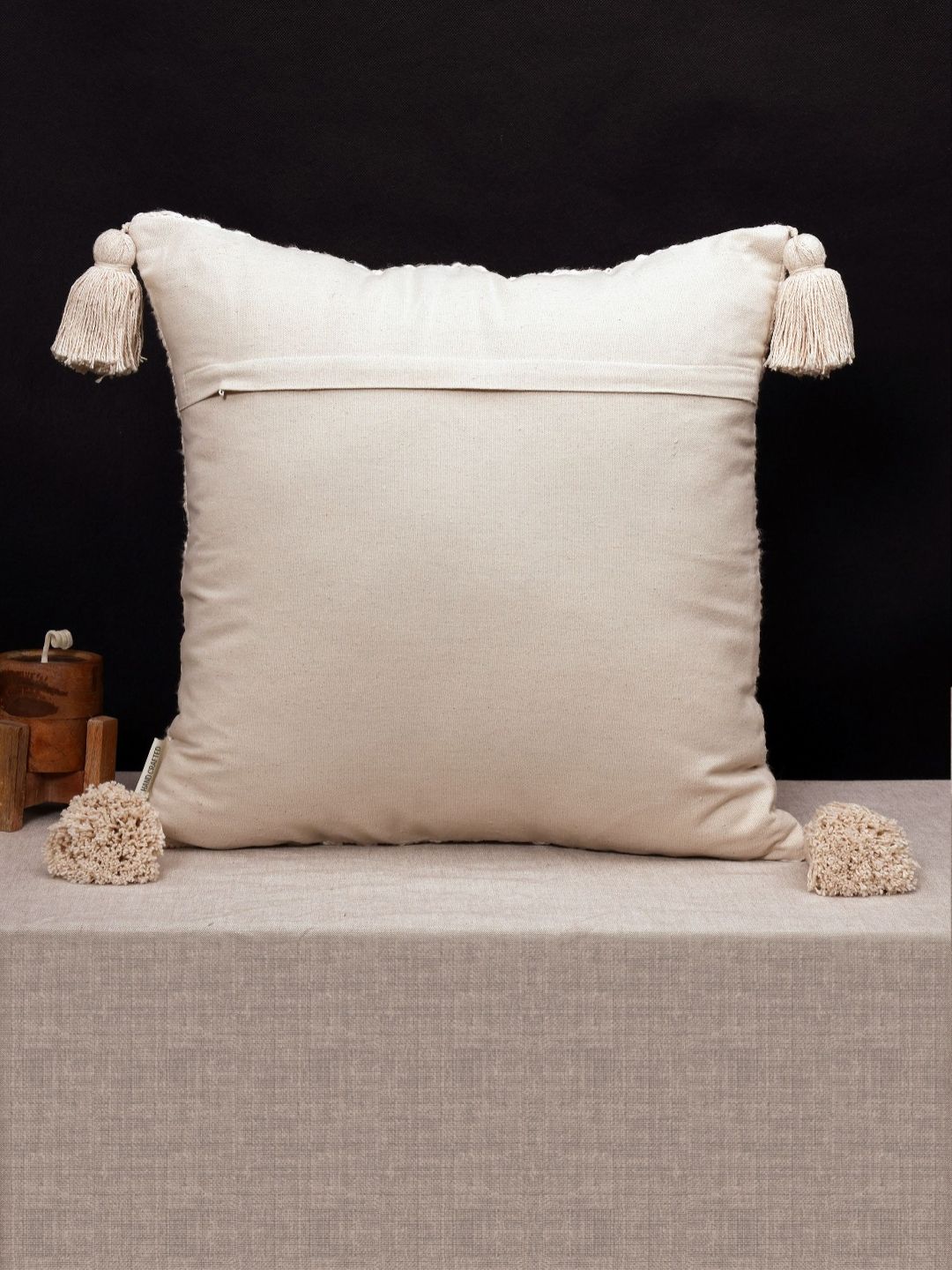 Black & Beige Geometric Printed Jacquard Tasselled Cushion Covers, Set of 5, view 2