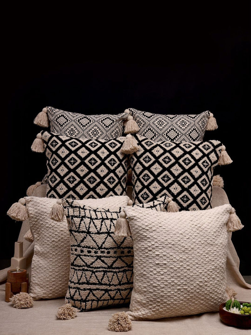 Black & Beige Geometric Jacquard Tasselled Cushion Covers, Set of 7, view 1