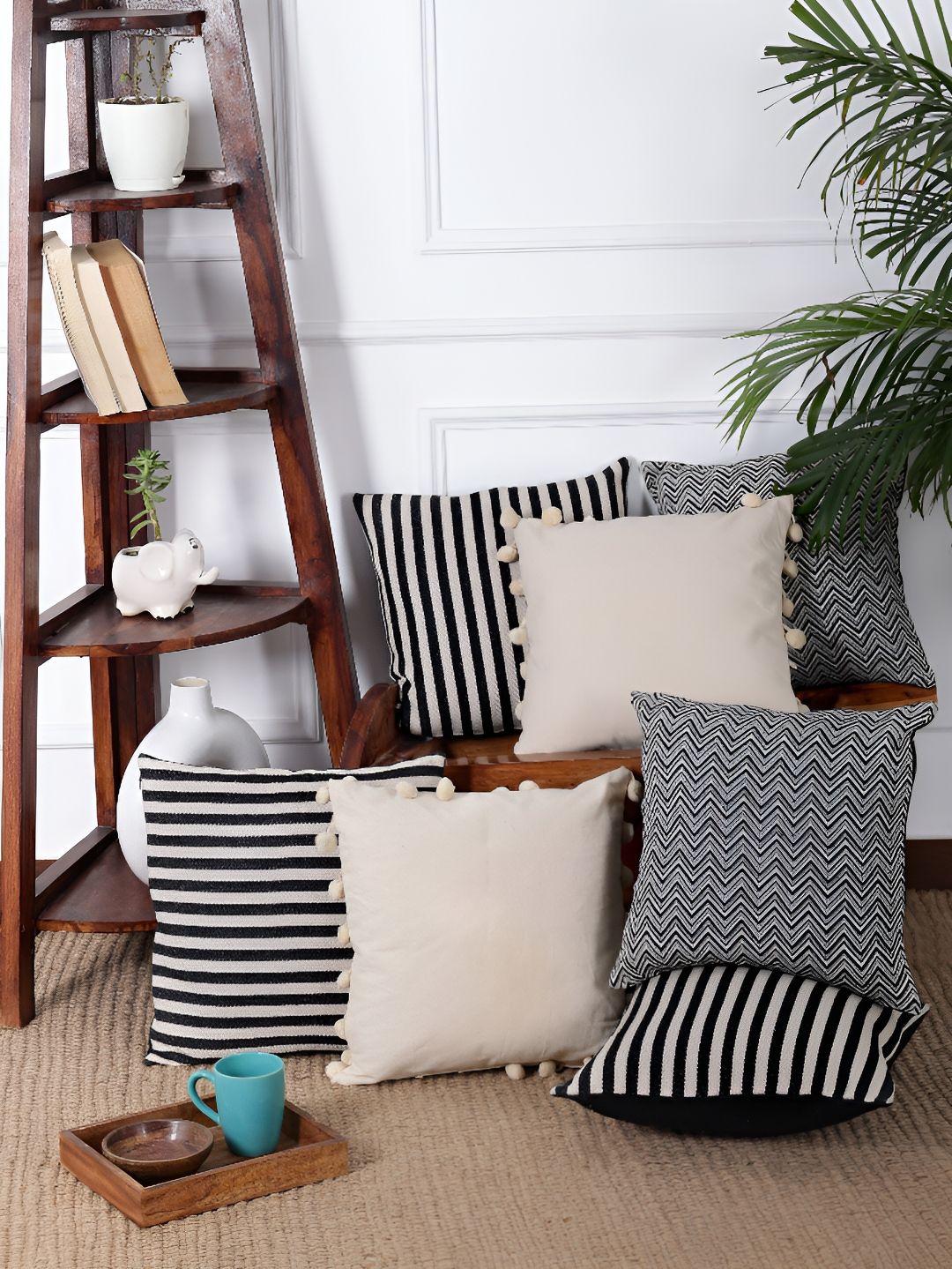 Black Striped Cotton Square Cushion Covers, Set of 7, view 2