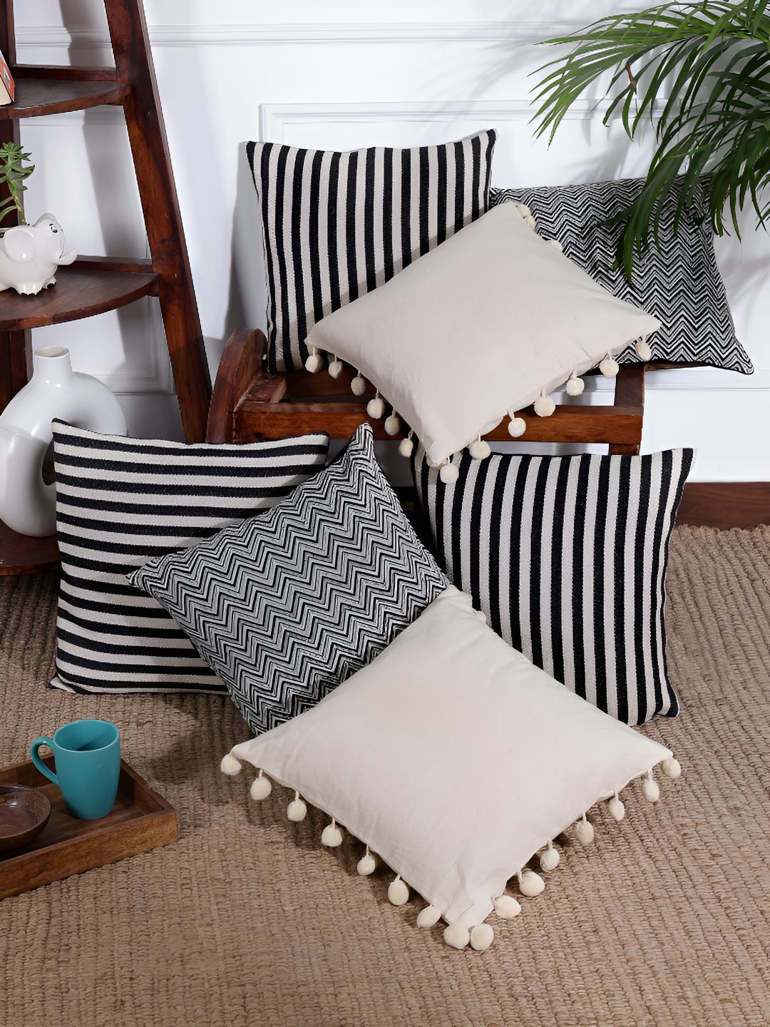 Black Striped Cotton Square Cushion Covers, Set of 7, view 3