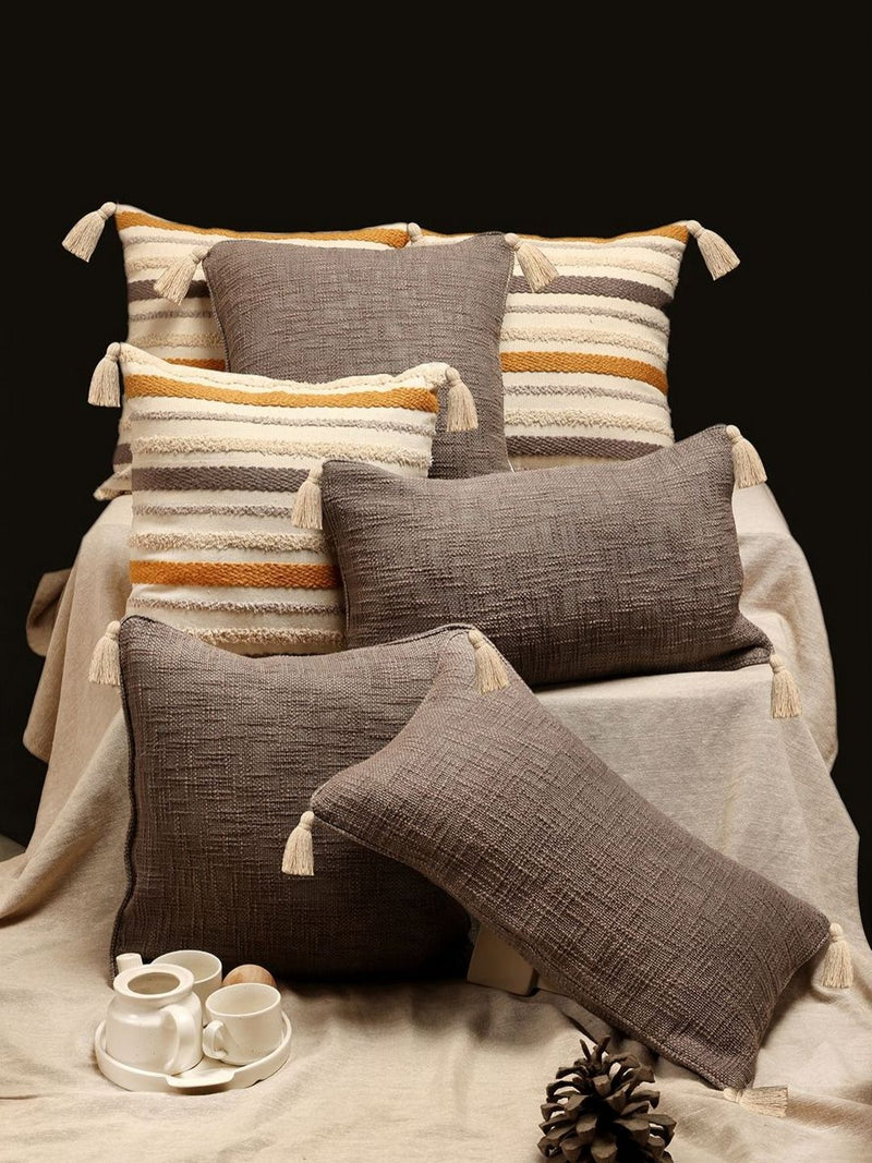 Beige Tassel Embroidered Cotton Cushion Covers, Set of 7, view 1