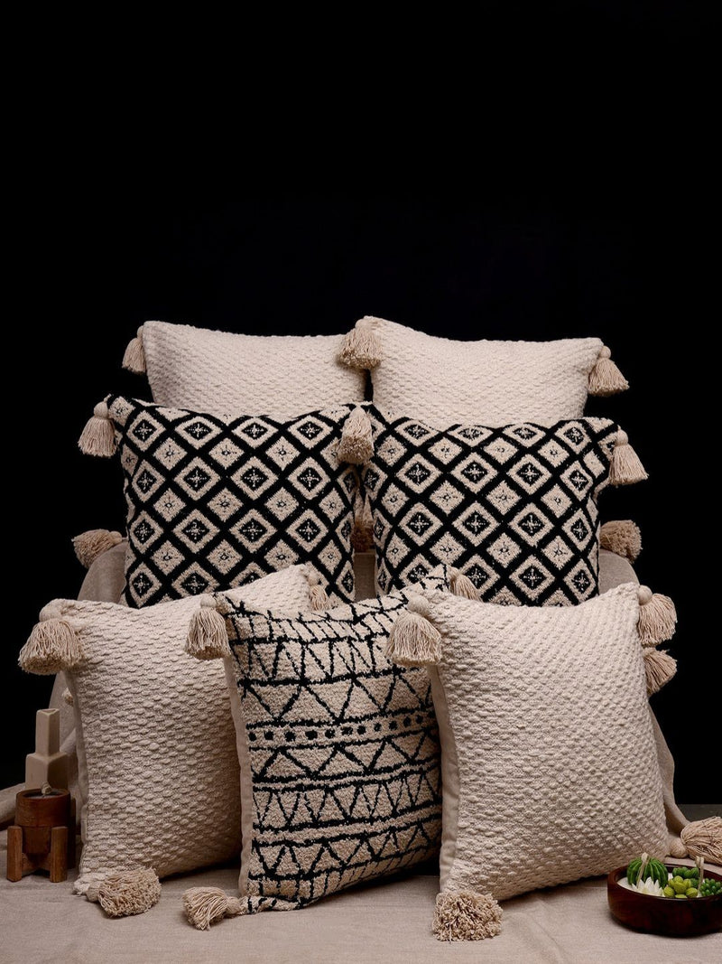 Black & Beige Self Design Jacquard Tasselled Cushion Covers, Set of 7, view 1