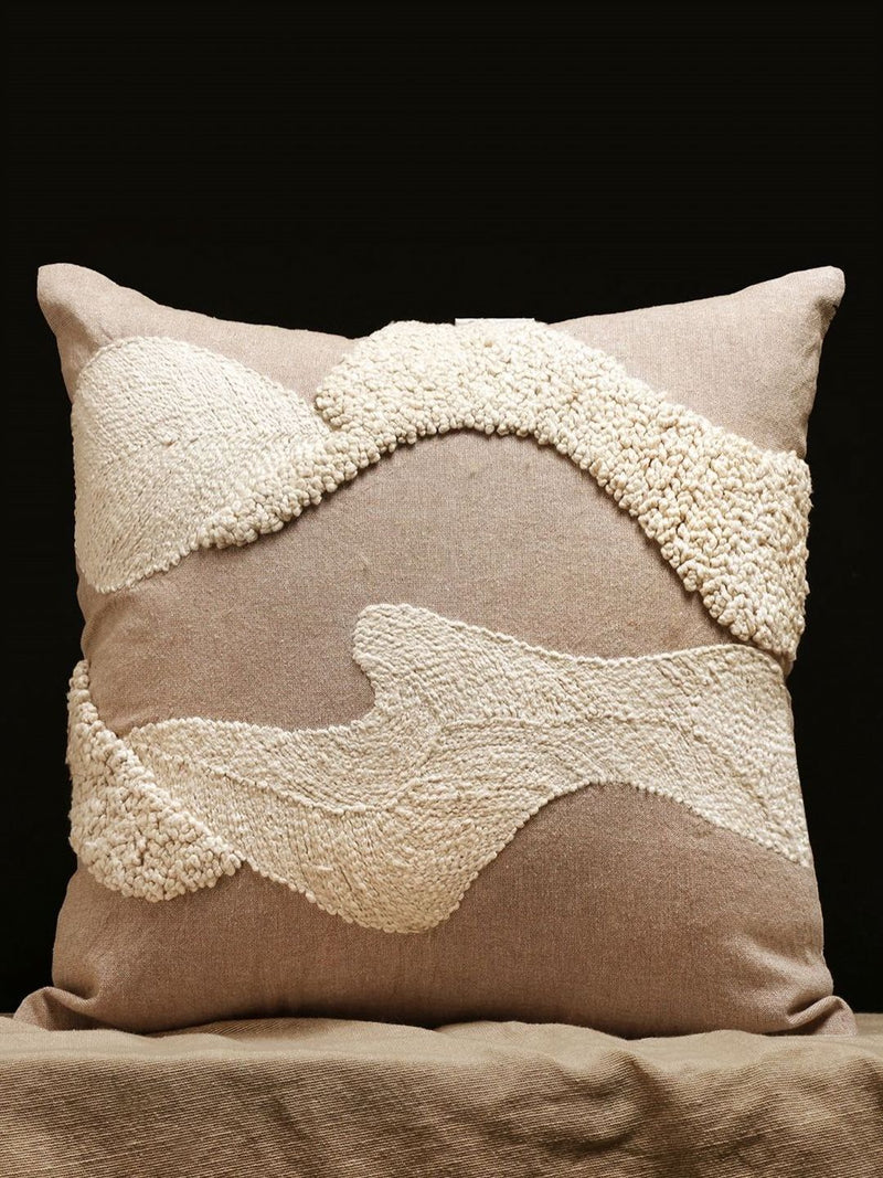 Modern Indie Beige & Brown Embroidered Square Cushion Cover, view 1